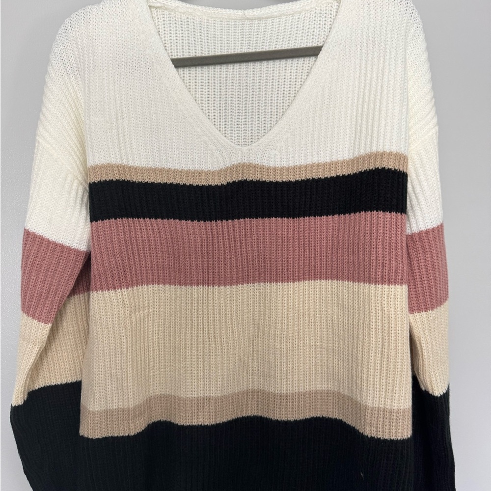 Striped V-Neck Sweater - Black, Pink, Cream